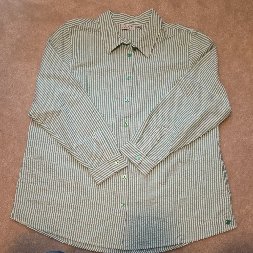 Joan Rivers Women's Green Striped Button Down Shirt